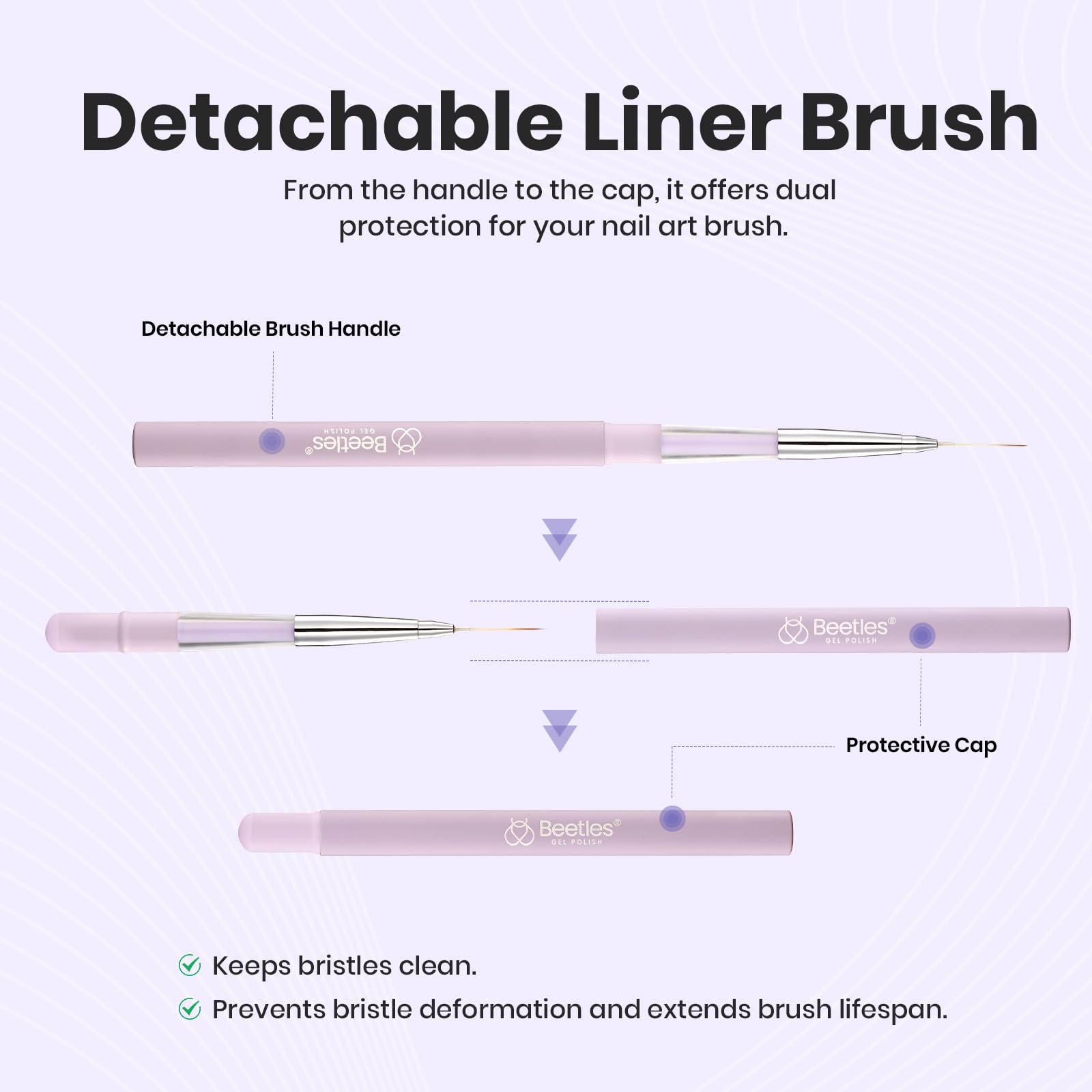 Beetles Gel Polish liner brush features durable fiber for smooth application and minimal shedding.