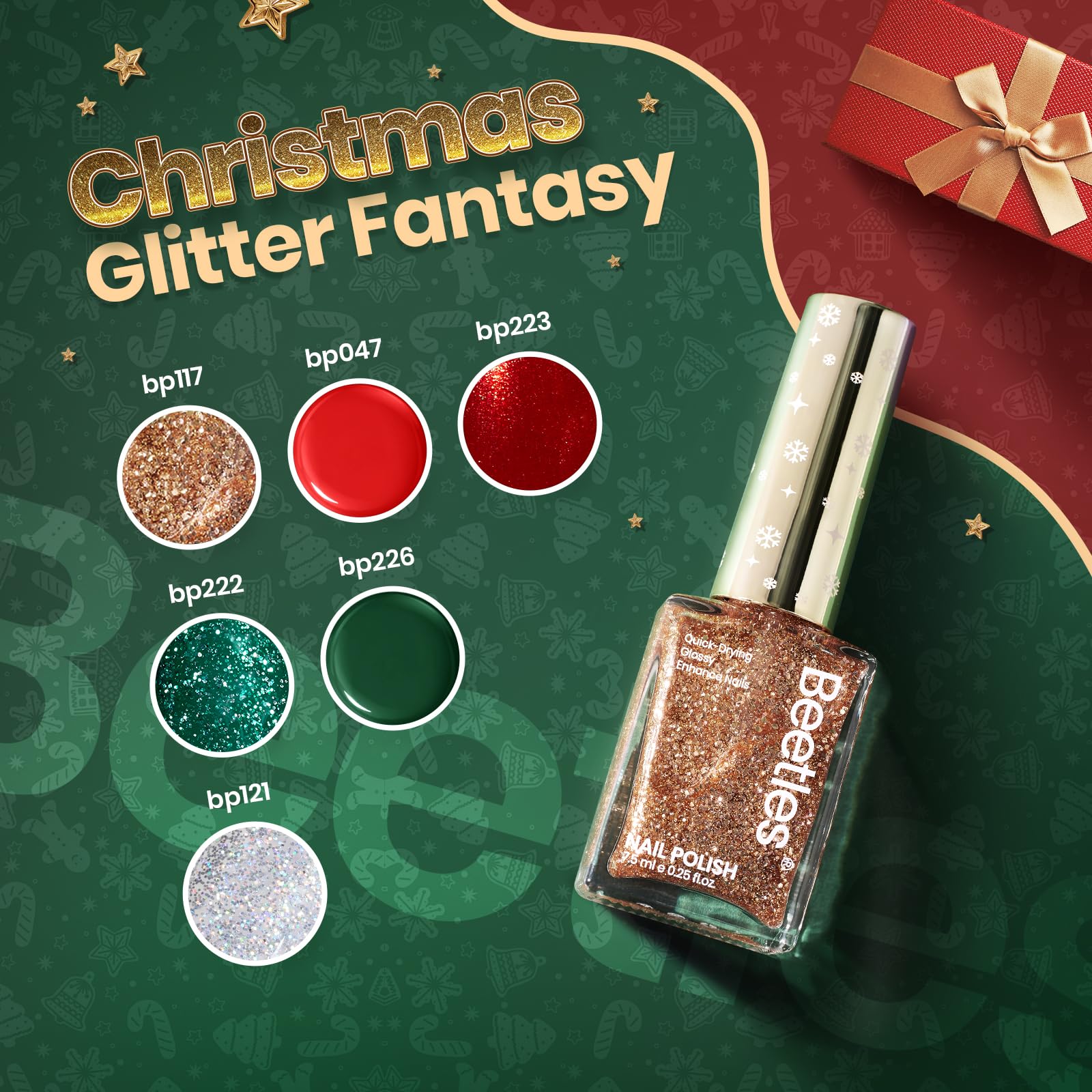 Beetles Gel Polish Christmas gold glitter bottle offers shimmering finish for celebrations.