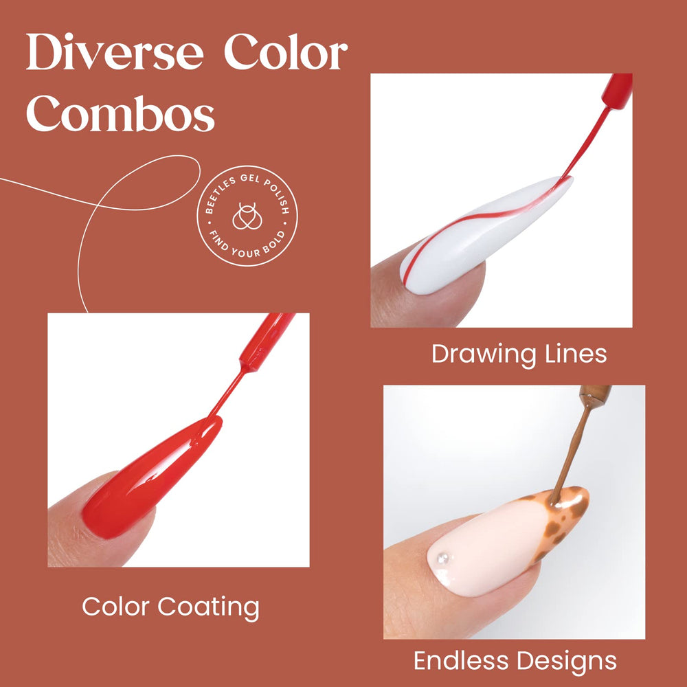 Beetles Gel Polish color range featuring white, nude, red, and green hues.
