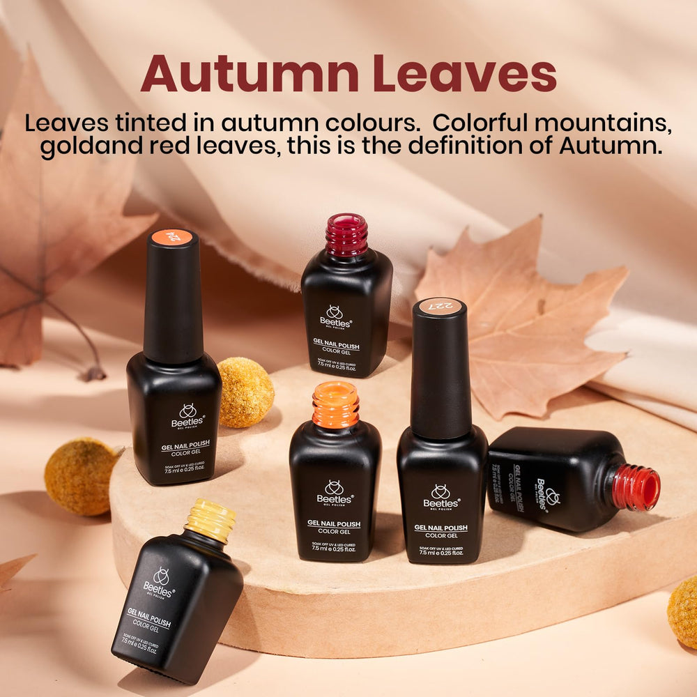 Beetles Gel Polish fall leaf art for gradient or ombre ideas.
