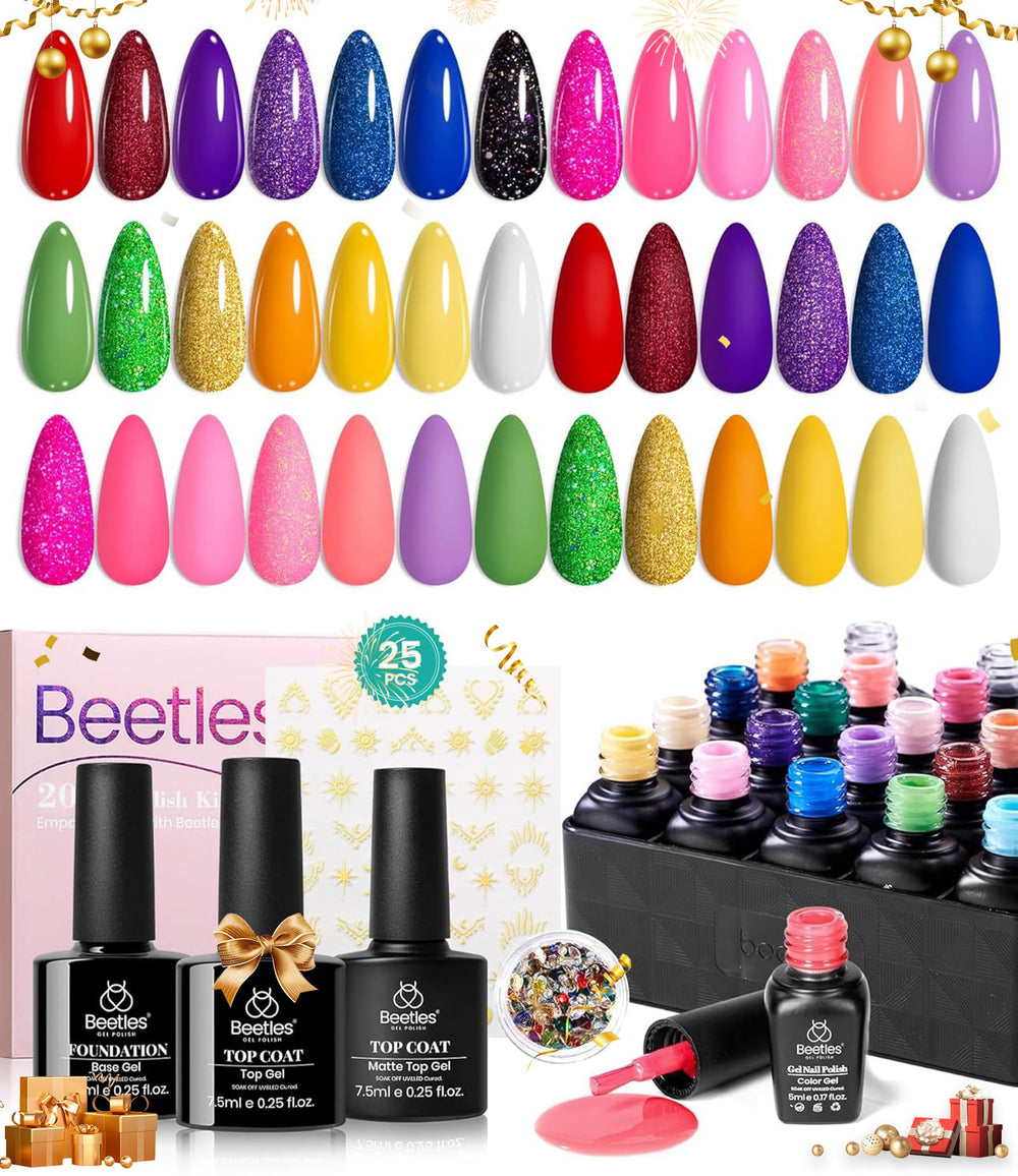 Beetles Gel Polish finished manicure in pink blue glitter