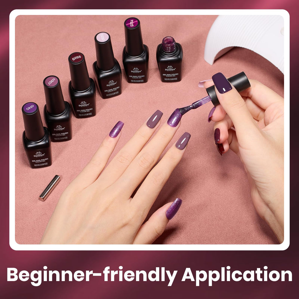 Beetles Gel Polish glossy finish close-up emphasizes long-lasting shine on nails.