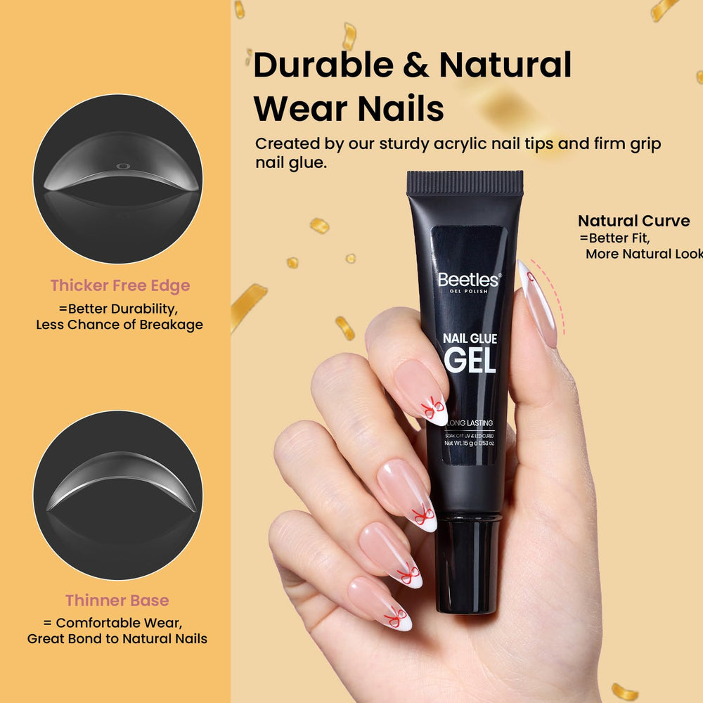 Beetles Gel Polish half-matte almond tips for natural-looking nail extensions.
