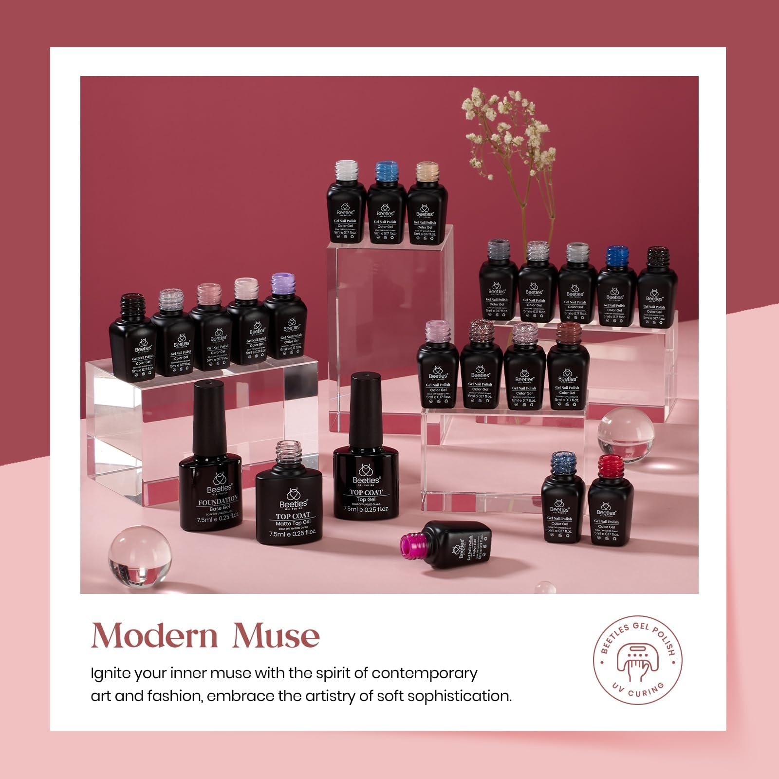 Beetles Gel Polish Kit base and top coats deliver glossy or matte finishes