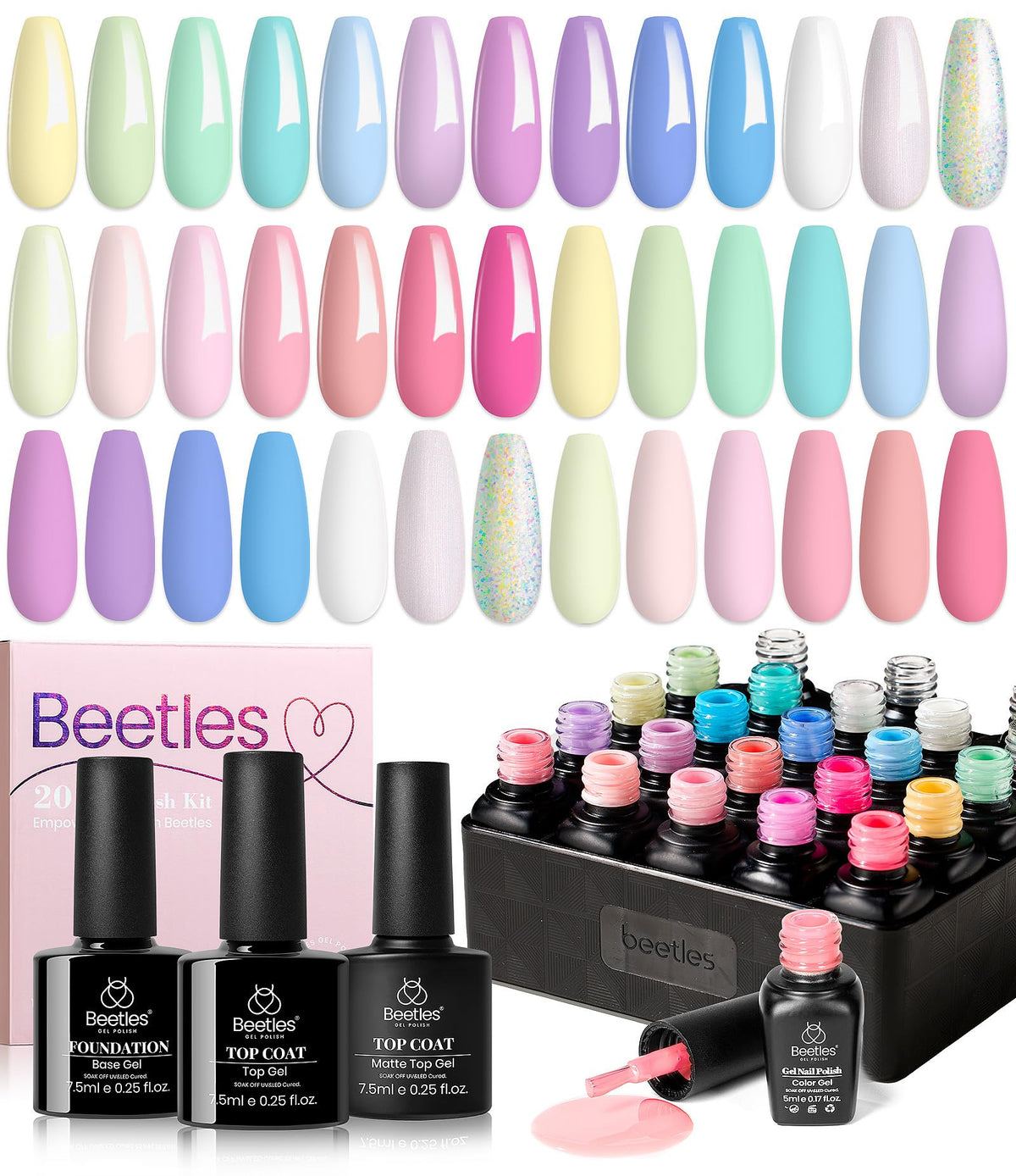 Beetles Gel Polish Nail Set with 20 pastel colors for versatile looks.