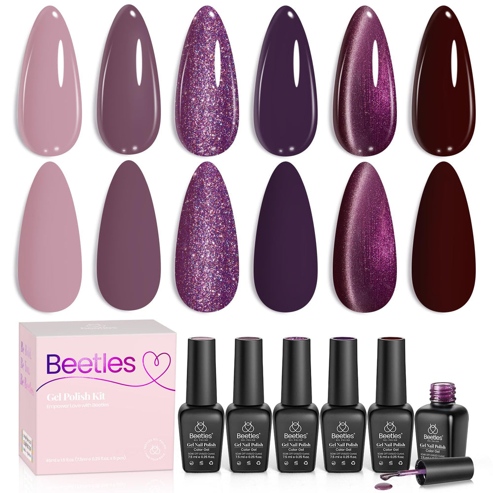 Beetles Gel Polish Muse Midnight Winter packshot showing six purple shades for versatile fall-winter nails.