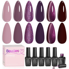 Beetles Gel Polish Muse Midnight Winter packshot showing six purple shades for versatile fall-winter nails.