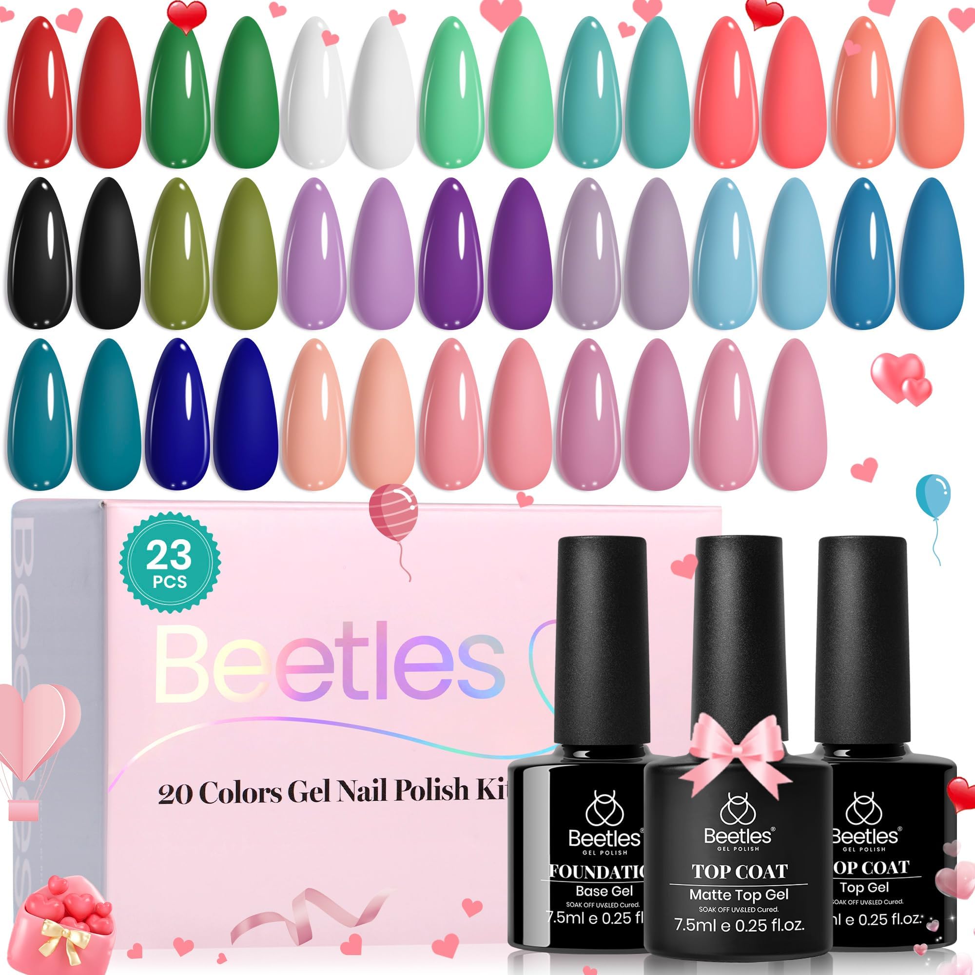 Beetles gel polish set swatches showing 20 colors for versatile manicures