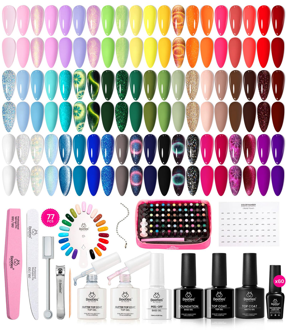 Beetles gel polish set with 60 colors and base/top coats for home manicures.