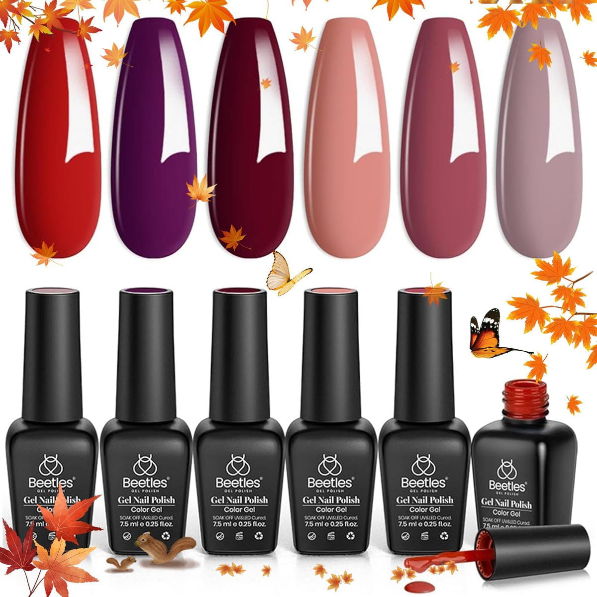 Beetles Gel Polish set 6pcs burgundy red for long-lasting salon-style nails.
