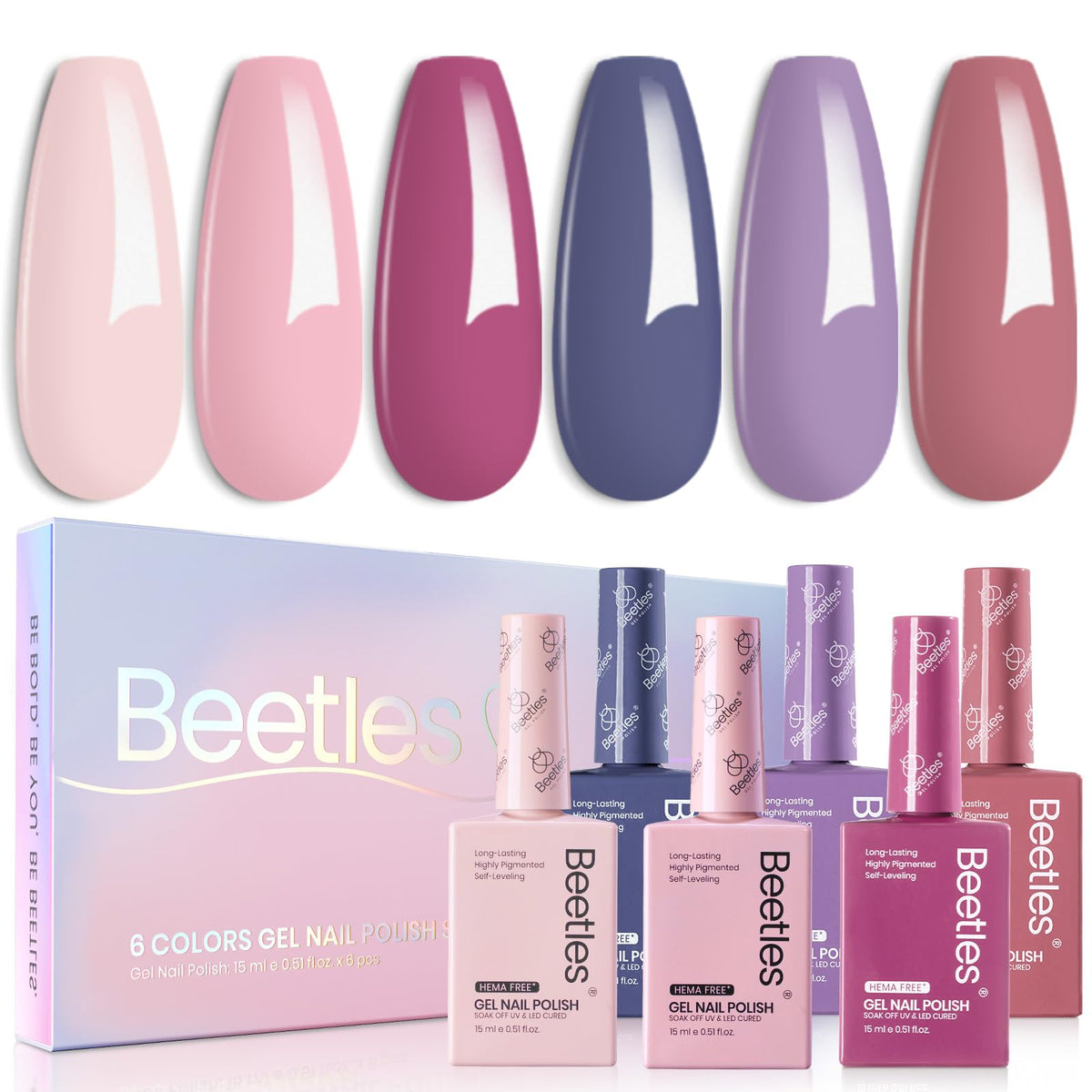 Beetles gel polish set packaging with six pastel bottles for easy home manicures.