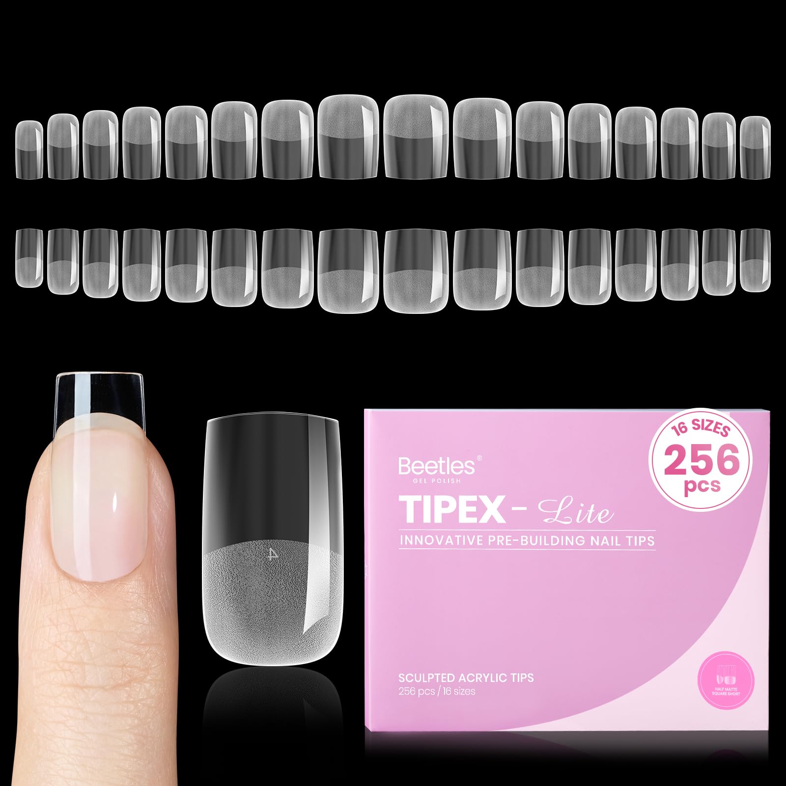 Beetles Gel Polish Tipex Lite Apex Nail Tips pack shows 256-piece set for at-home nail art