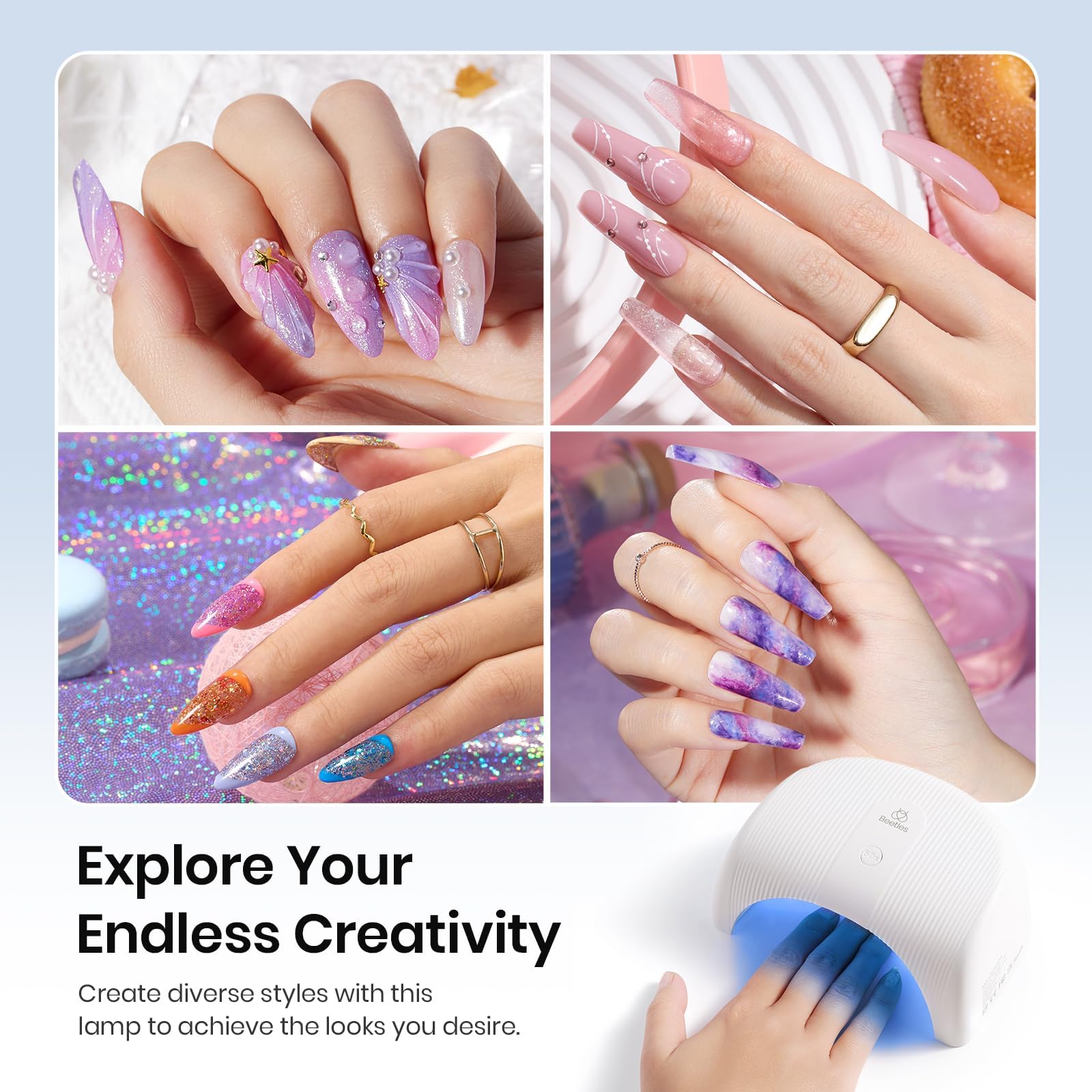 Beetles Gel Polish UV LED Nail Lamp demonstrates multi-finger curing during a mani.