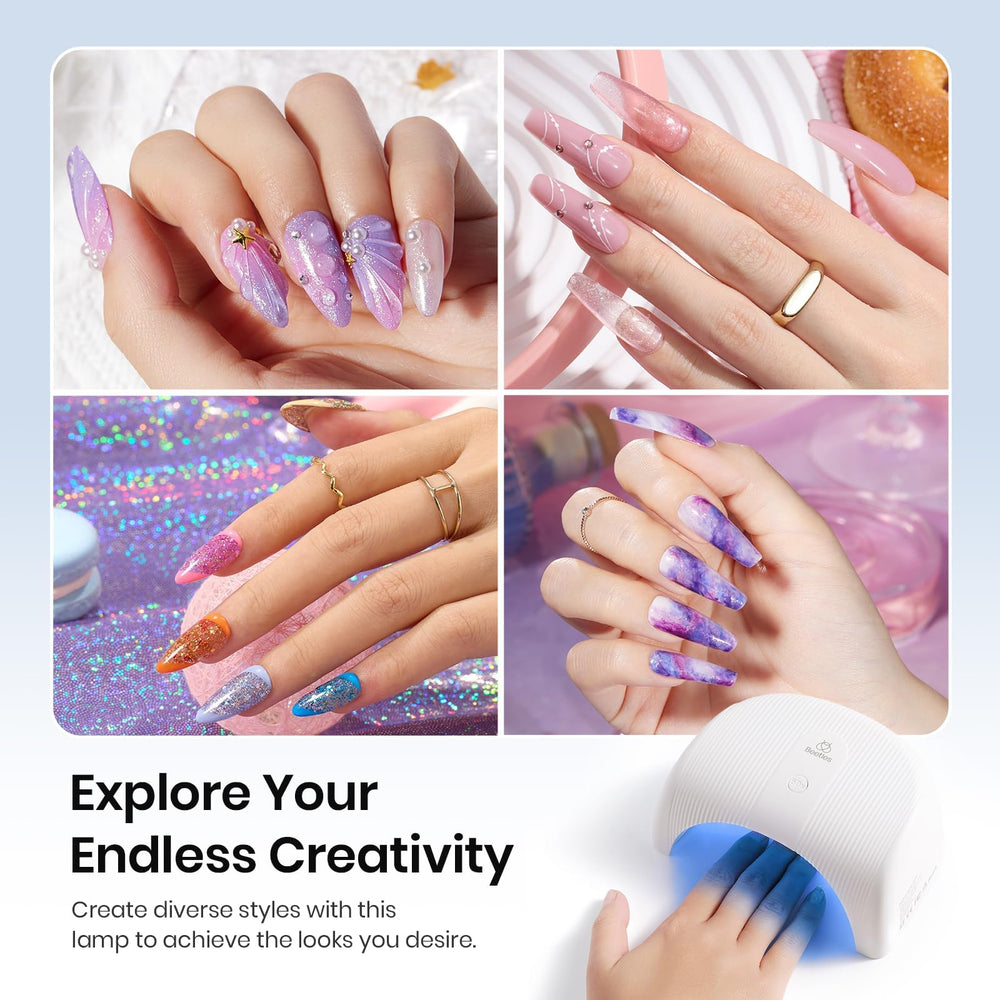 Beetles Gel Polish UV LED Nail Lamp demonstrates multi-finger curing during a mani.
