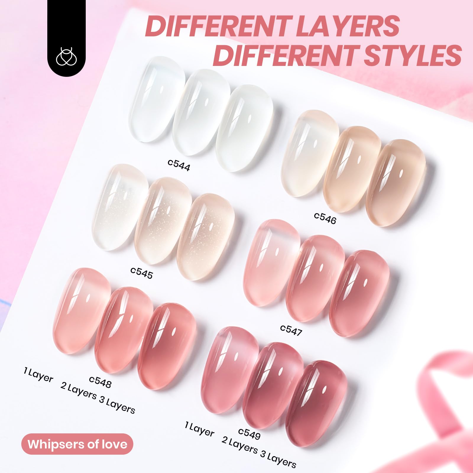 Beetles Gel Polish Whispers of Love bottle-side highlights translucent finish for easy layering.