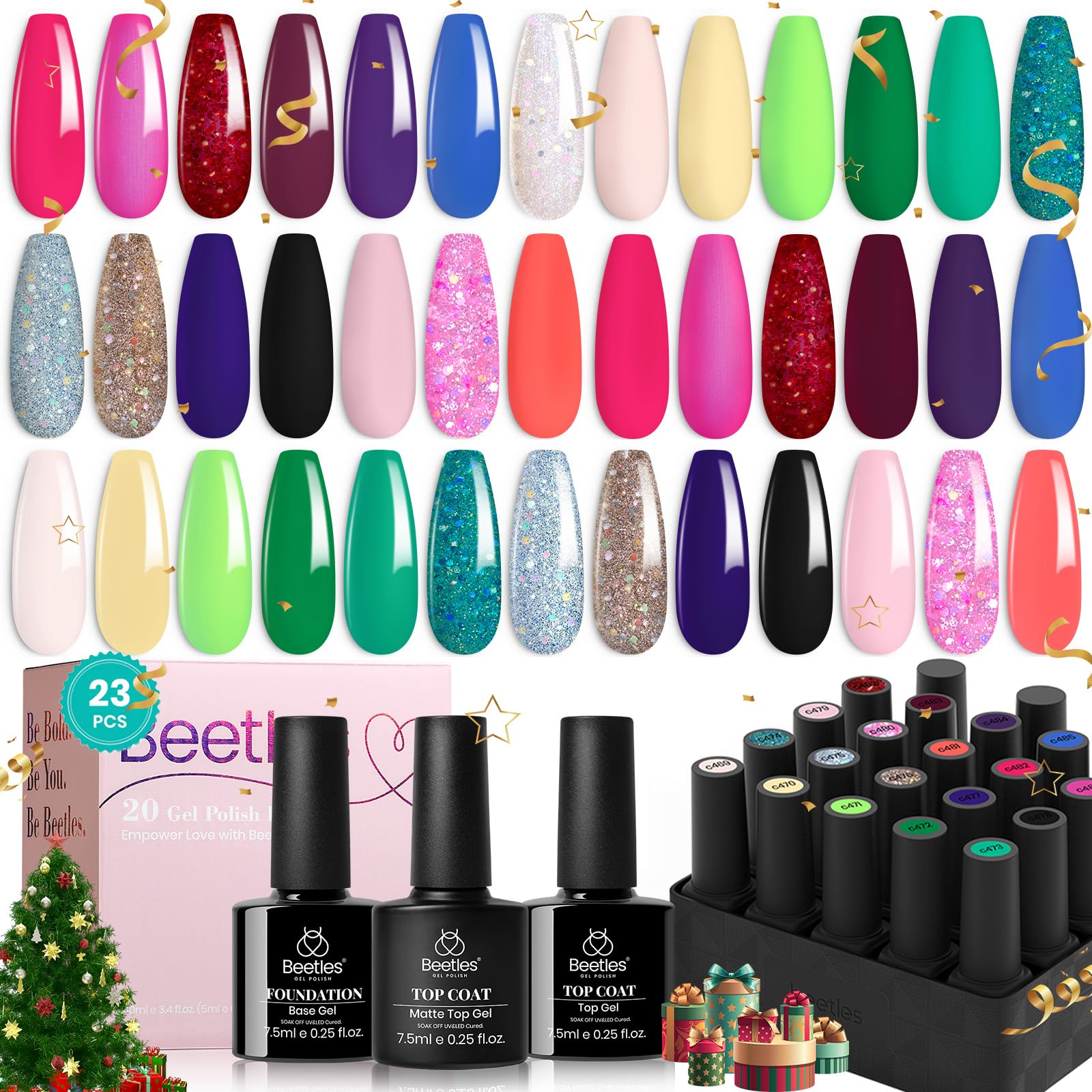 Beetles Glitter Gel Nail Polish Set 23pcs box offers vibrant shades for versatile nail art and glossy finishes.