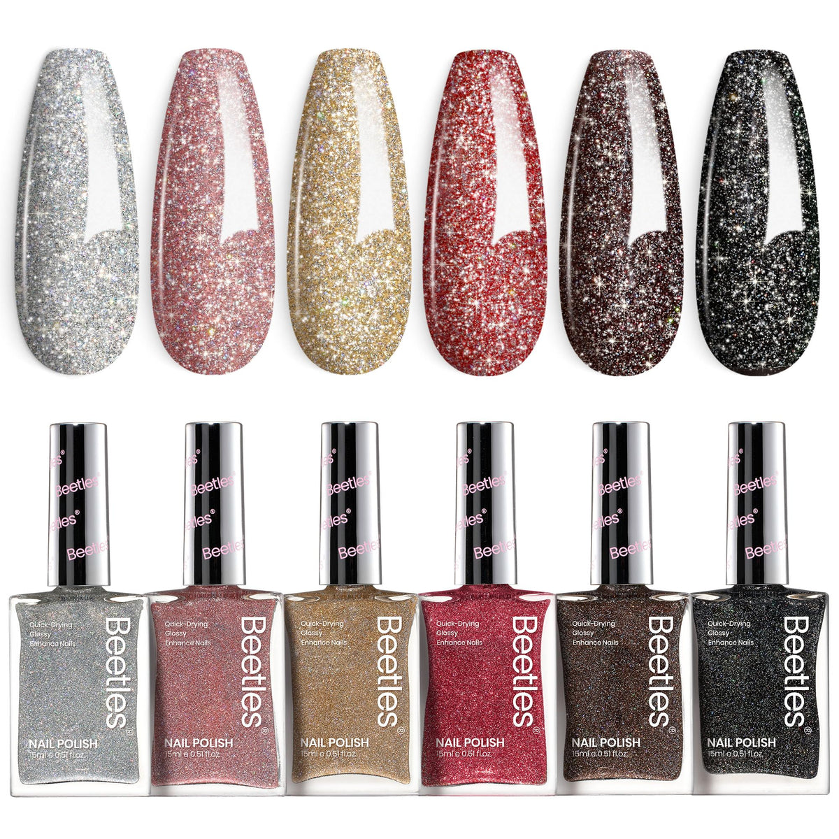 Beetles Glitter Nail Polish Set swatch wheel showing six shimmering colors for quick at-home glam