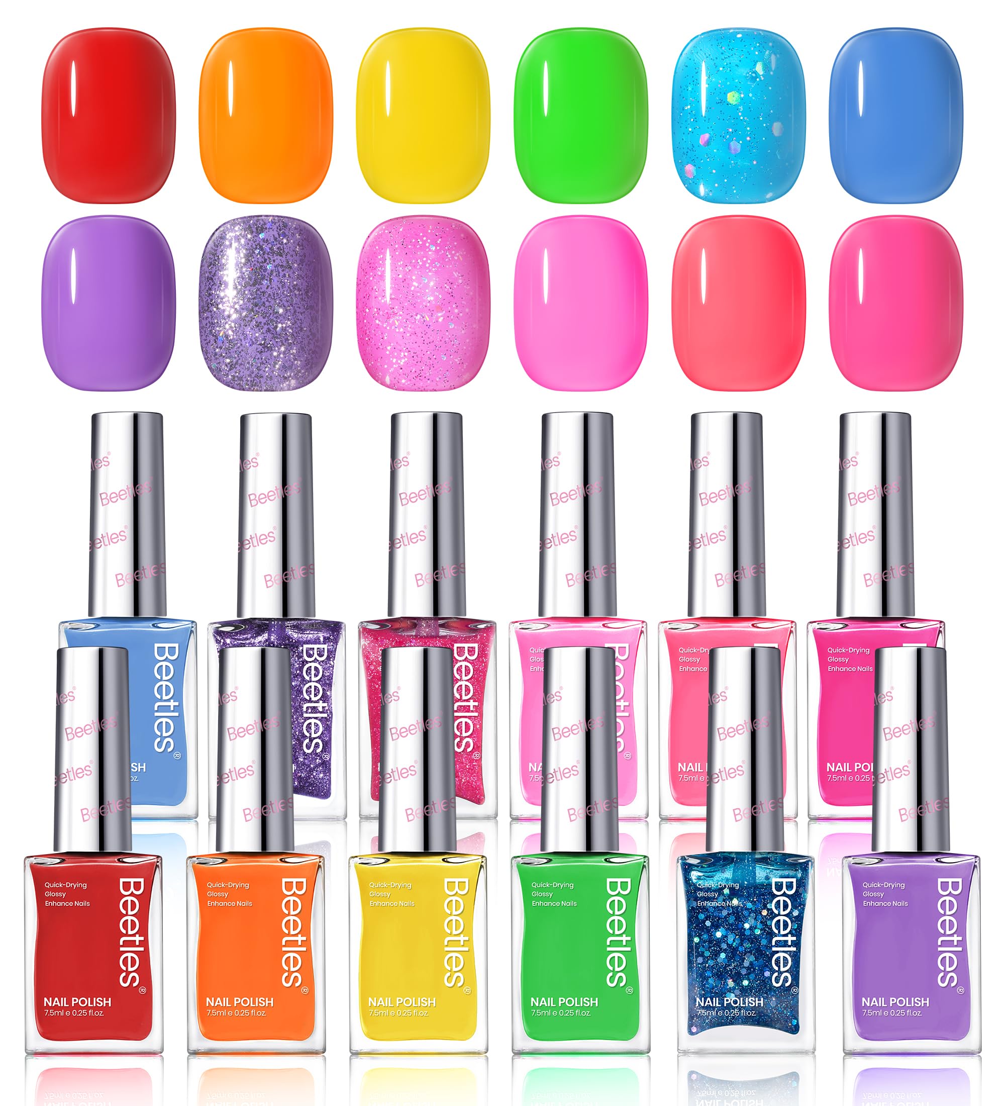 Beetles Glitter Neon Nail Polish Set bottle row showcases bold colors for DIY nails.
