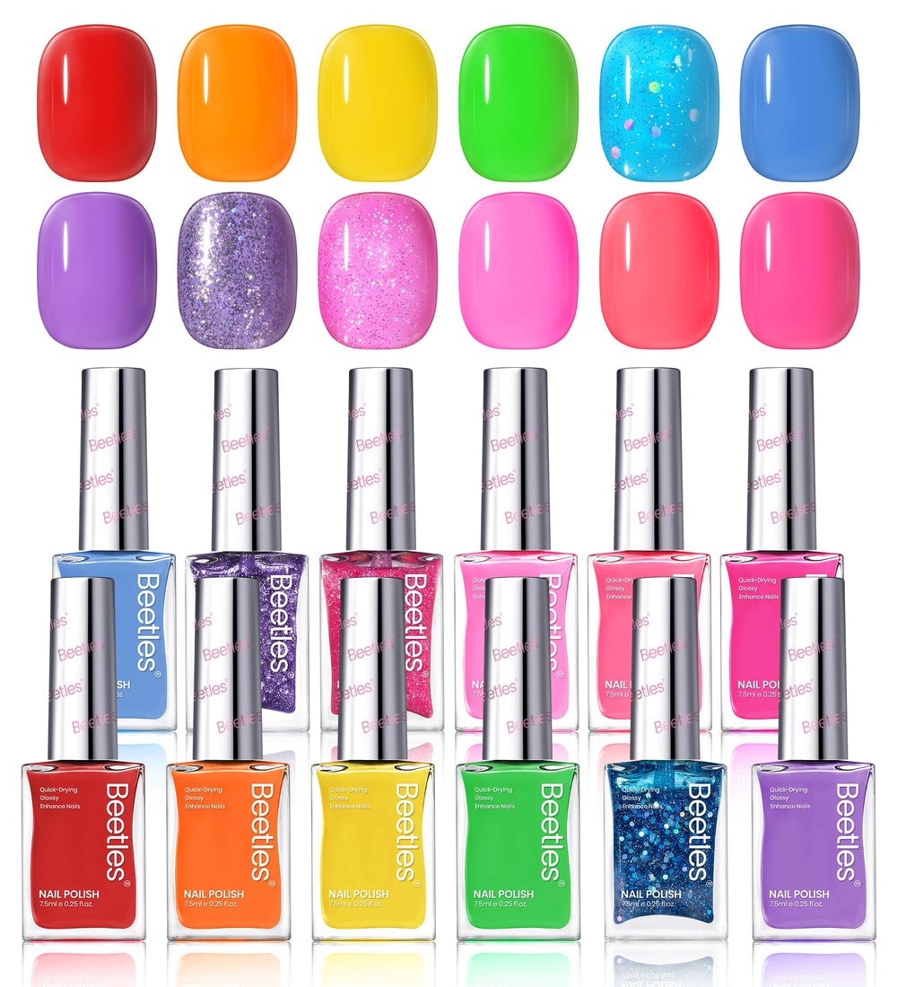 Beetles Glitter Neon Nail Polish Set bottle row showcases bold colors for DIY nails.