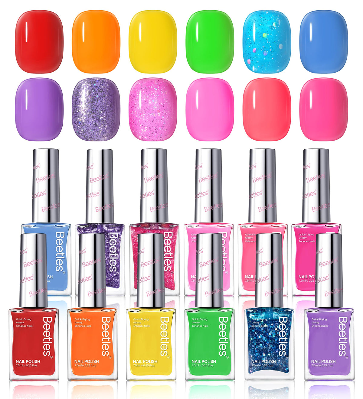 Beetles Glitter Neon Nail Polish Set bottle row showcases bold colors for DIY nails.