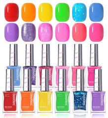 Beetles Glitter Neon Nail Polish Set bottle row showcases bold colors for DIY nails.