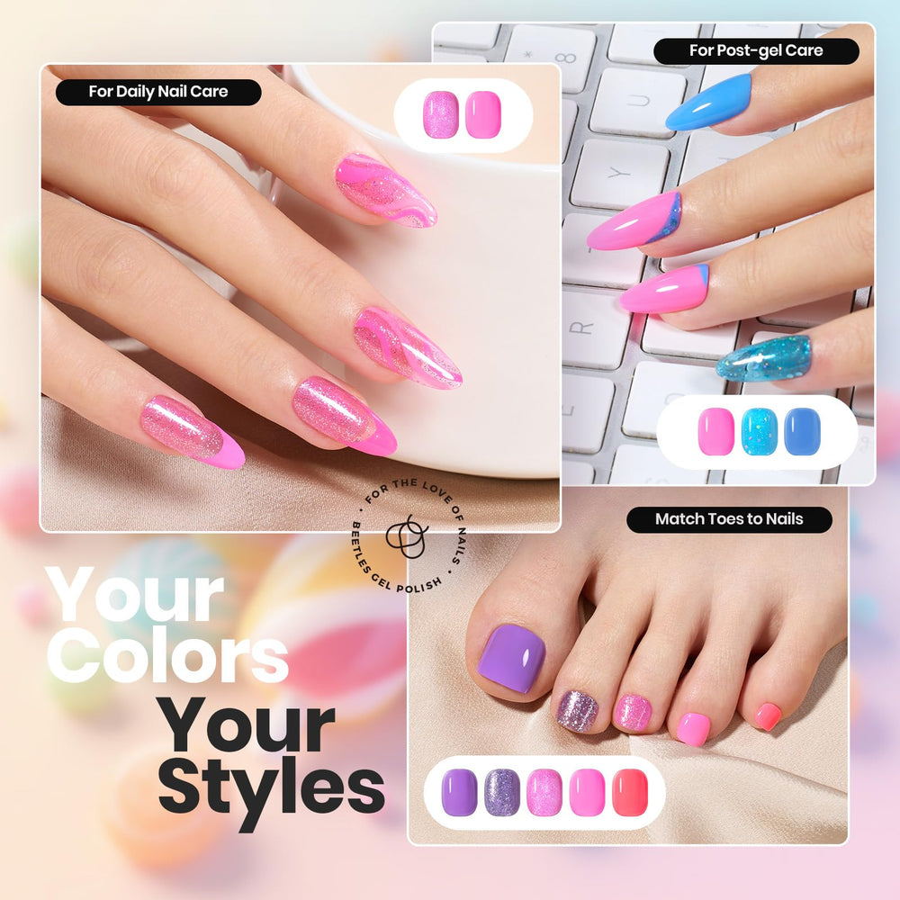 Beetles Glitter Neon Nail Polish Set applying two coats for smooth coverage.