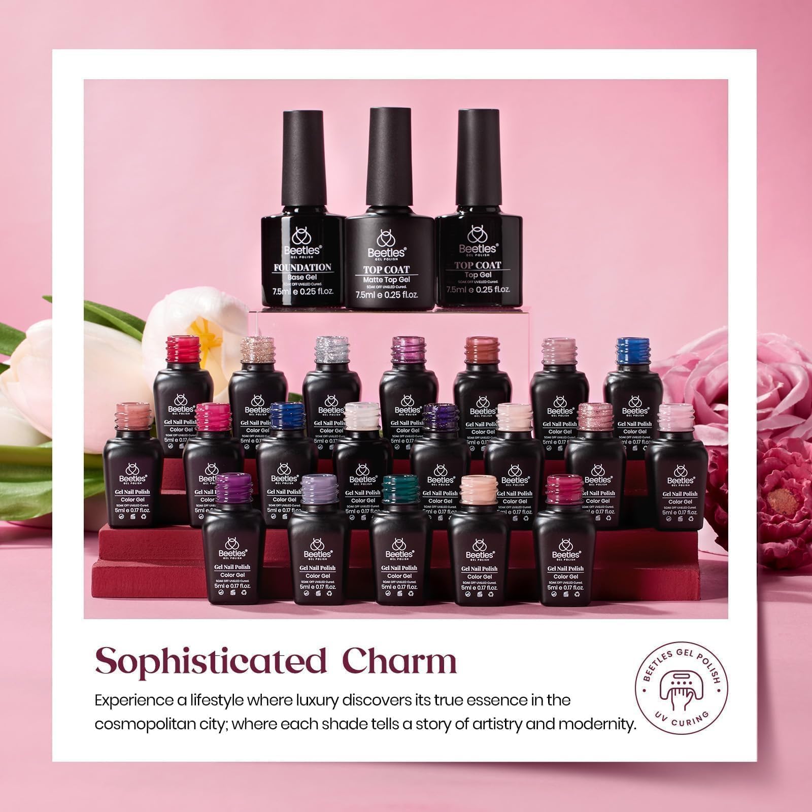 Beetles glossy top coat delivers high-shine finish on every shade.
