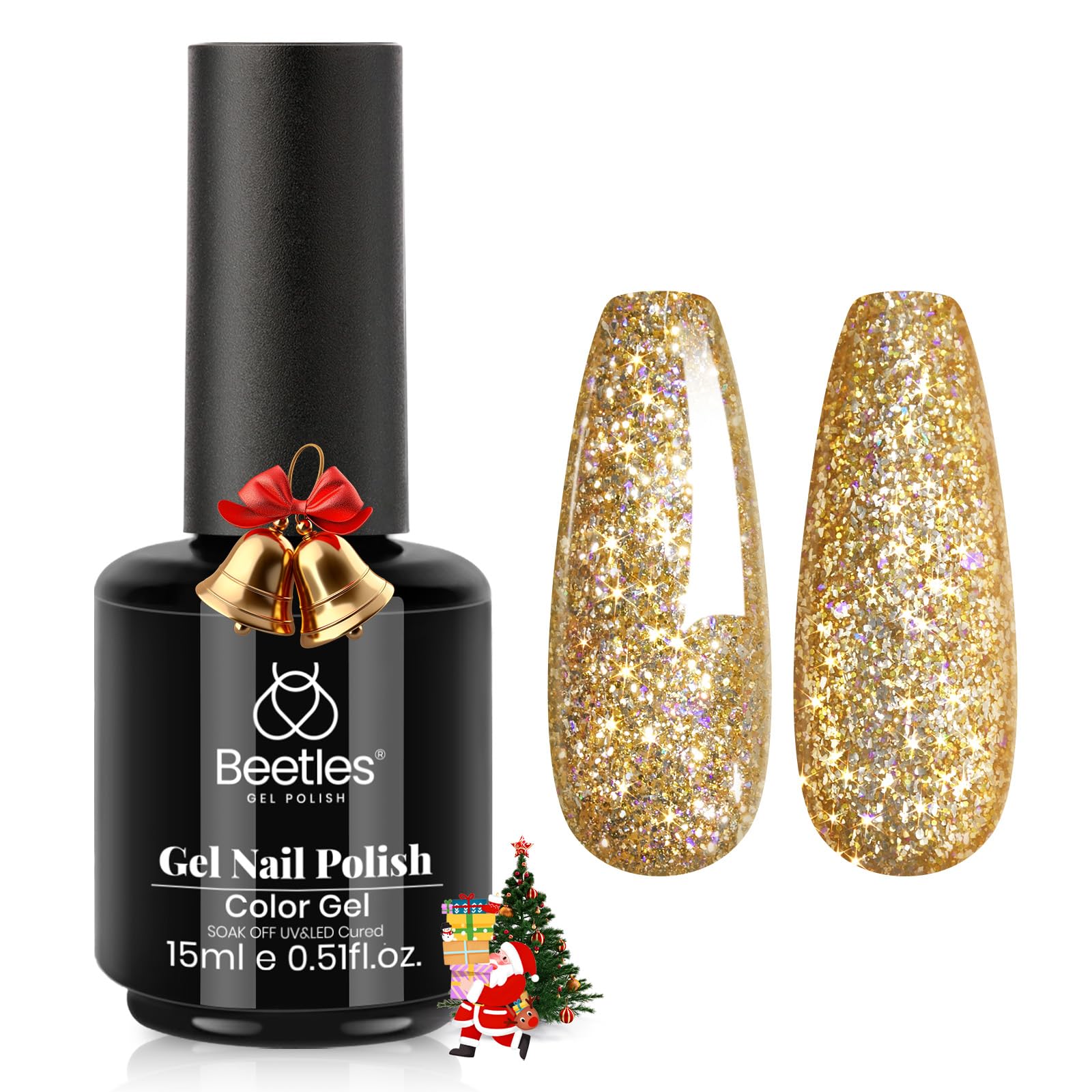 Beetles Gold Gel Nail Polish Starlit bottle and cap with radiant glitter for festive nails.