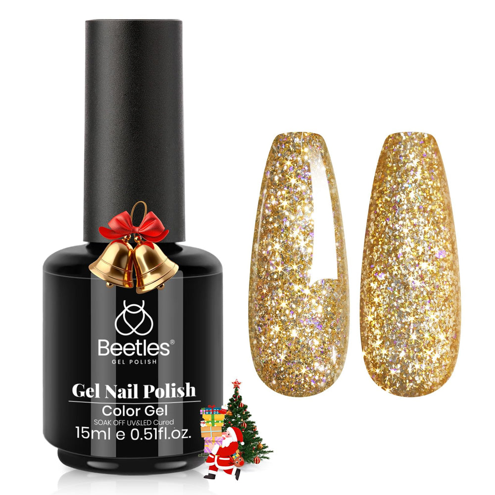 Beetles Gold Gel Nail Polish Starlit bottle and cap with radiant glitter for festive nails.