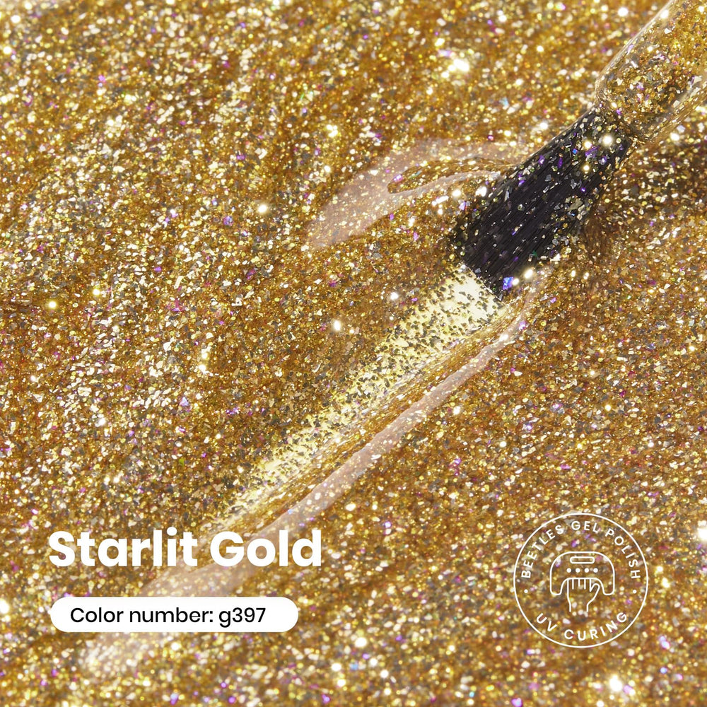 Beetles Gold Gel Nail Polish Starlit glitter closeup highlighting holographic sparkle.