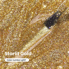 Beetles Gold Gel Nail Polish Starlit glitter closeup highlighting holographic sparkle.
