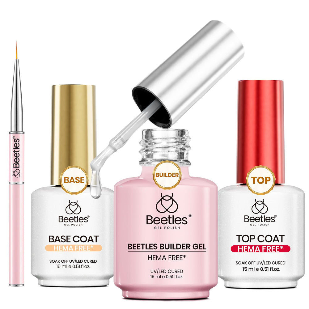 Beetles HEMA-free builder gel bottle close-up highlights durable nail gel
