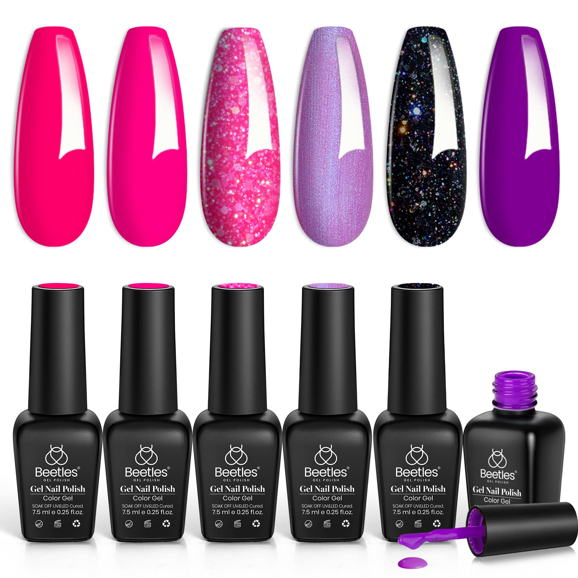 Beetles hot pink gel nail polish set color-palette shows six vibrant shades for DIY manicures.