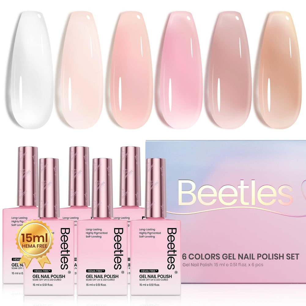 Beetles Jelly Gel Nail Polish Set bottles show six translucent shades for long-lasting color.
