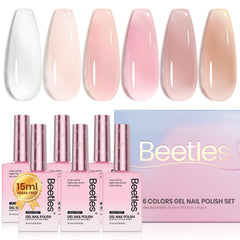 Beetles Jelly Gel Nail Polish Set bottles show six translucent shades for long-lasting color.