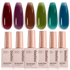 Beetles Jelly Gel Nail Polish Set bottle close-up with six fall shades for long-lasting shine.