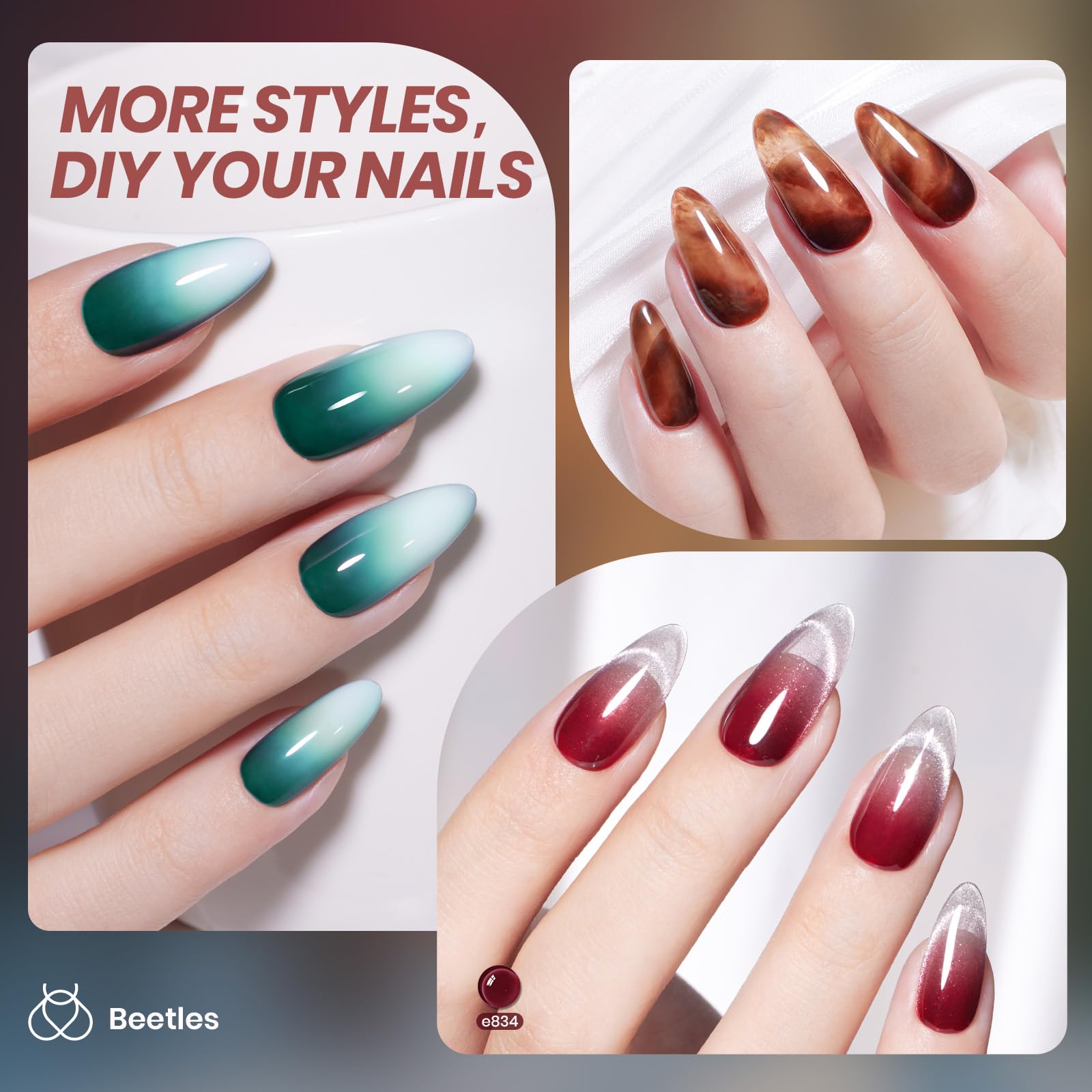 Beetles Jelly Gel Set bottle shots highlight burgundy and blue tones for bold style.