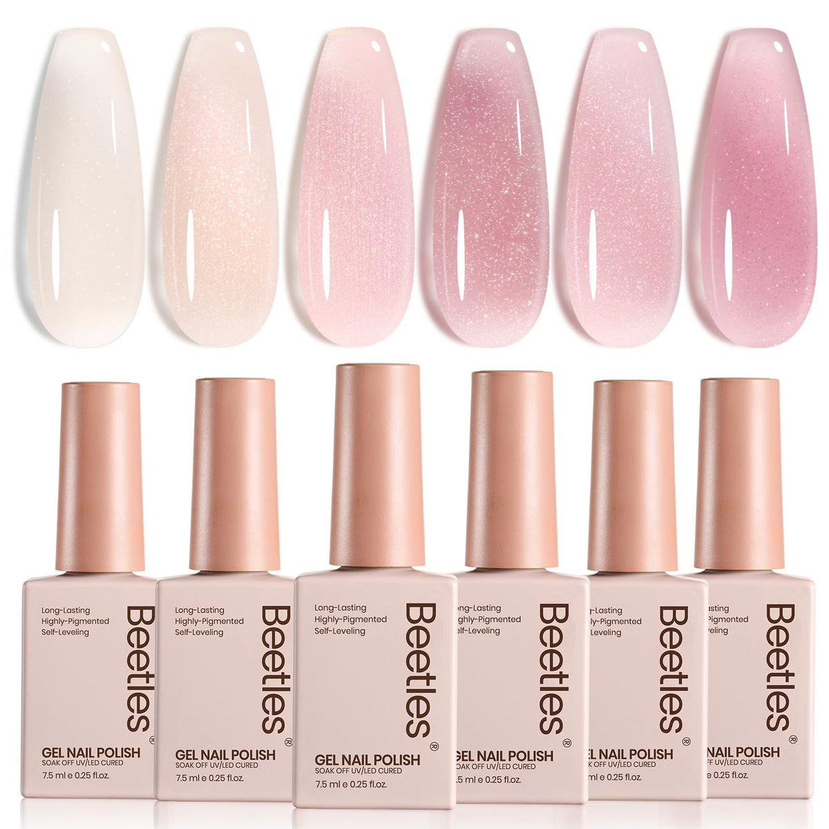 Beetles Jelly Gel Nail Polish Set in six colors for versatile, salon-ready nude pink purple nails.