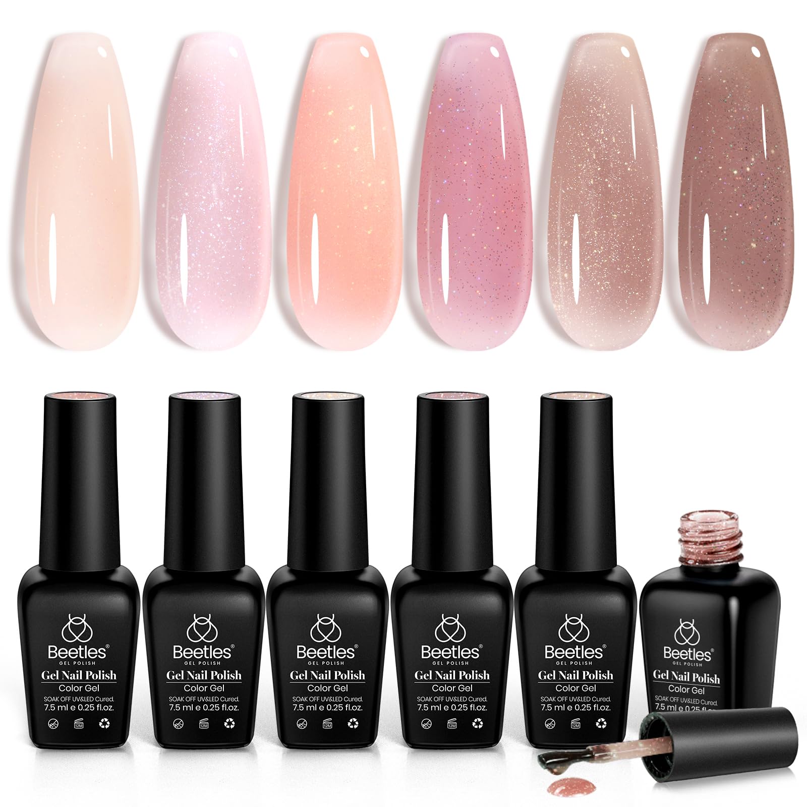Beetles Jelly Gel Nail Polish Set shows six color swatches for versatile manicure looks.
