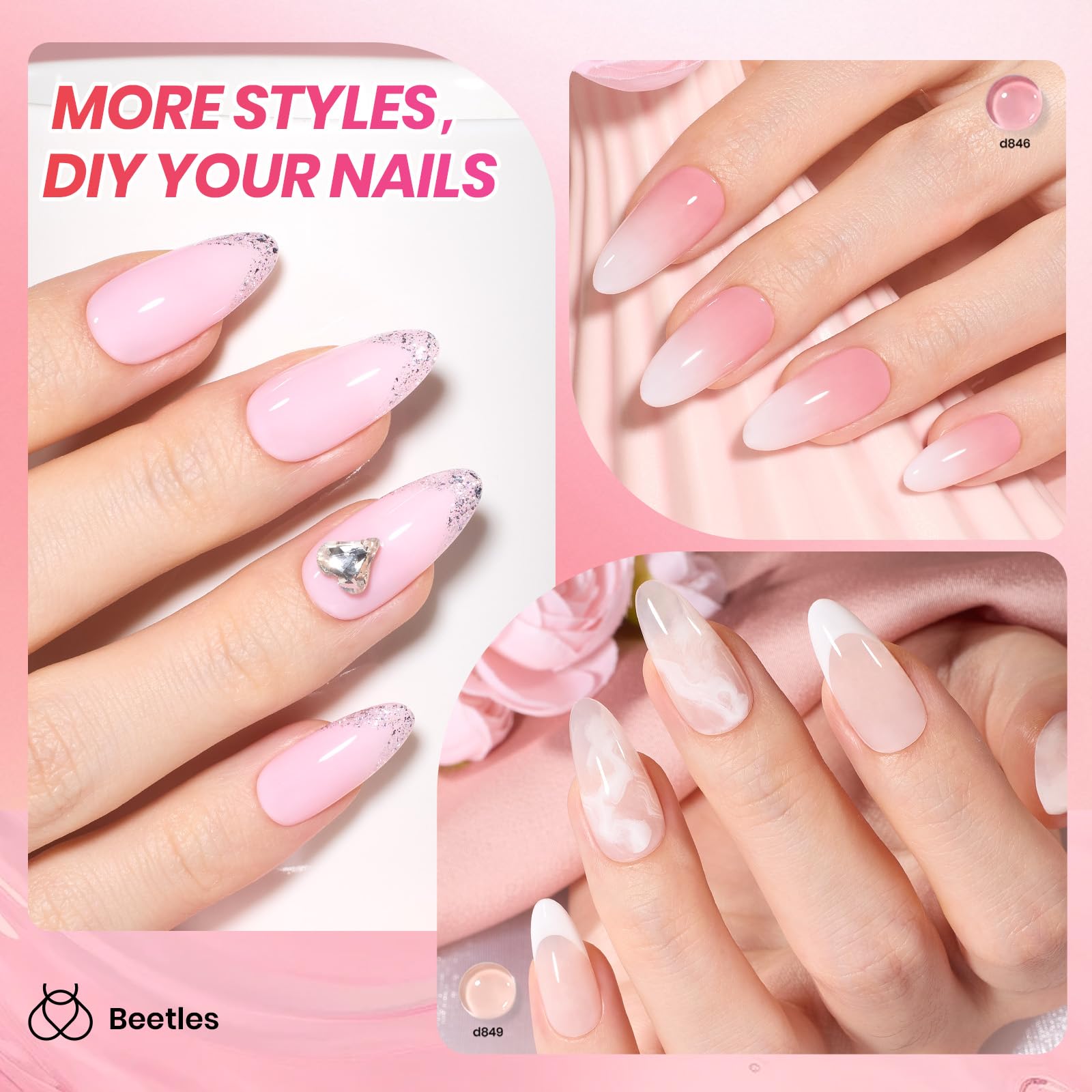 Beetles Jelly Gel Nail Polish Set bottle close-up highlighting cure times and high shine.