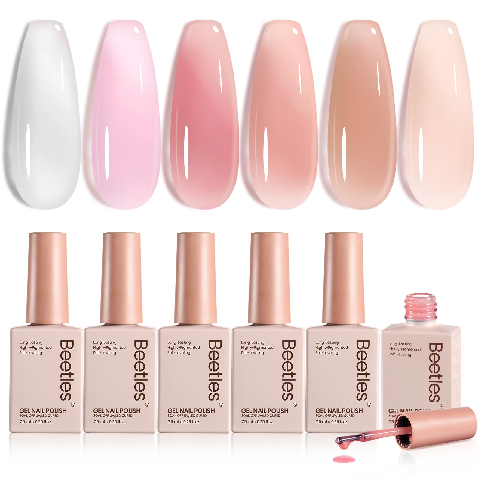 Beetles Jelly Gel Nail Polish Set color swatches in six sheer milky tones for versatile nude-pink looks.