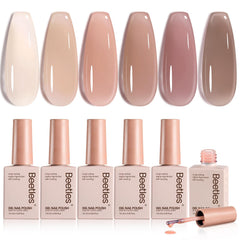 Beetles Jelly Gel Nail Polish Set swatches show nude-brown jelly shades for chic neutral nails