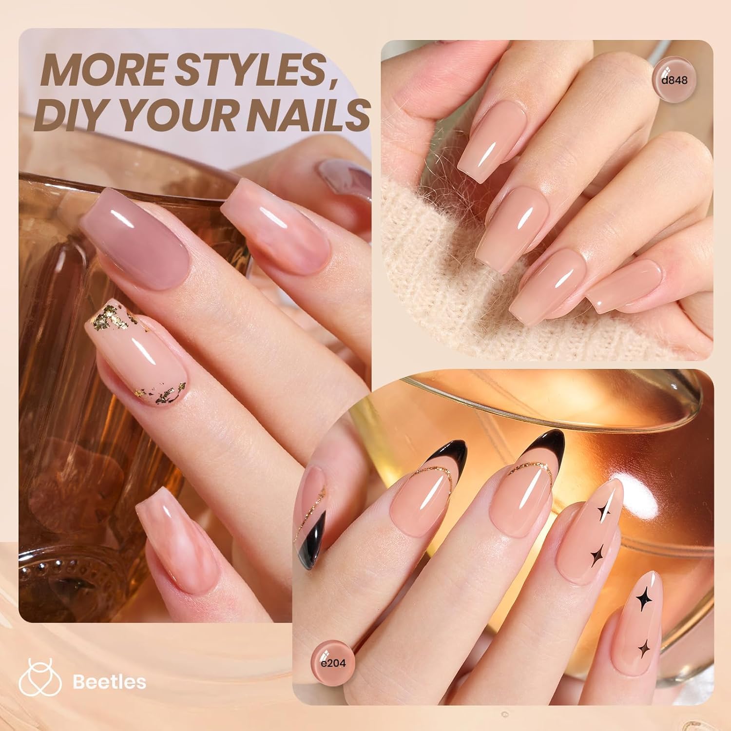 Beetles Jelly Gel Nail Polish Set nude swatches for sheer layering and French tips