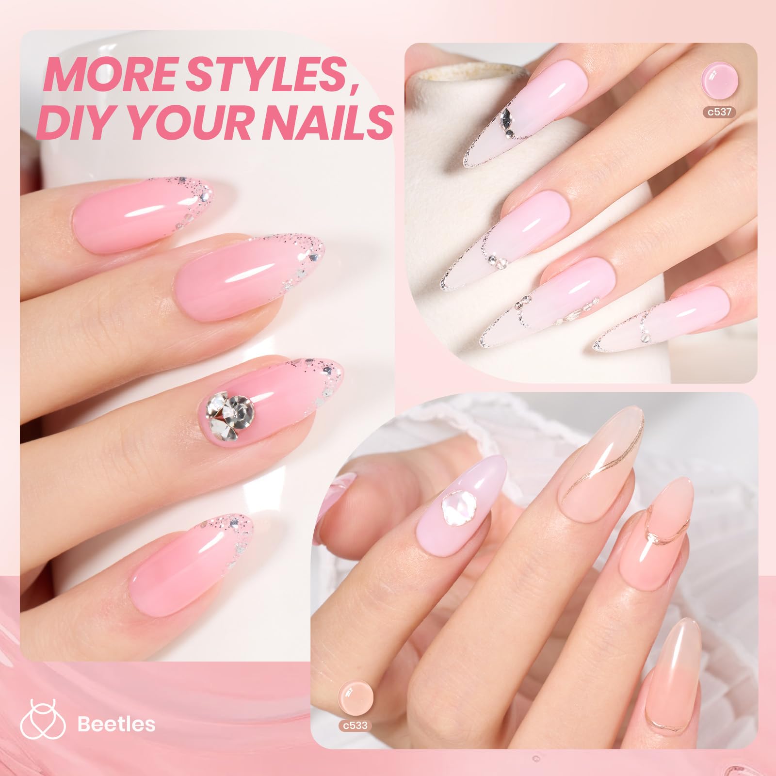 Beetles Jelly Gel Nail Polish Set swatches show six sheer nude pink gels for layered French looks.