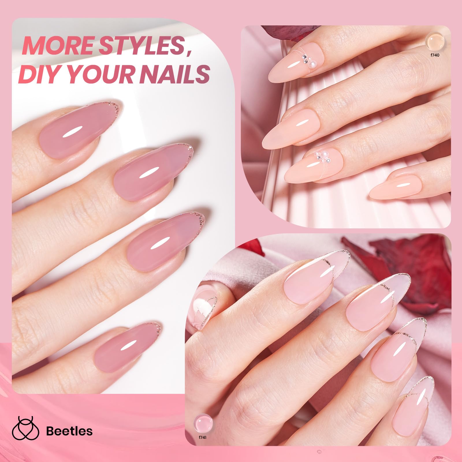 Beetles Jelly Gel Swatches display buildable nude to pink tones for versatile nail looks.