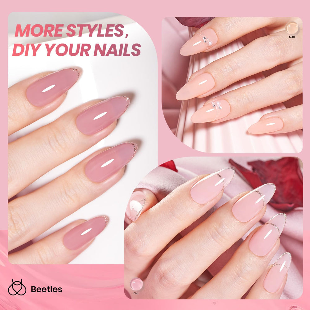 Beetles Jelly Gel Swatches display buildable nude to pink tones for versatile nail looks.