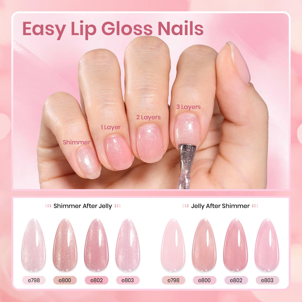 Beetles jelly gel nude pink layering close-up demonstrates multi-layer opacity options.