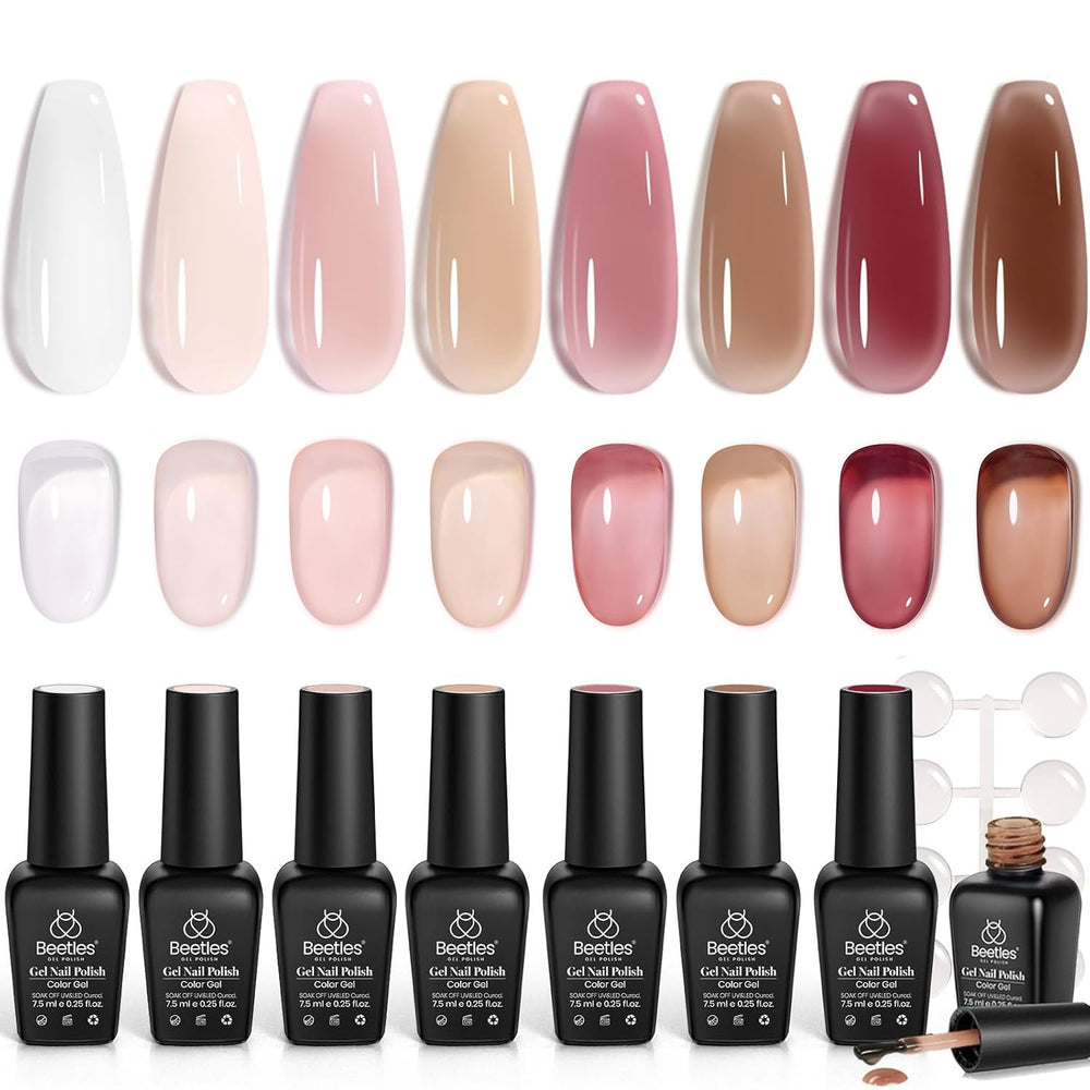 Beetles Jelly Gel Polish Set bottles on desk show eight nude colors for durable shine.