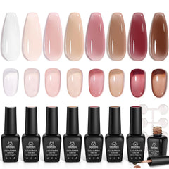 Beetles Jelly Gel Polish Set bottles on desk show eight nude colors for durable shine.