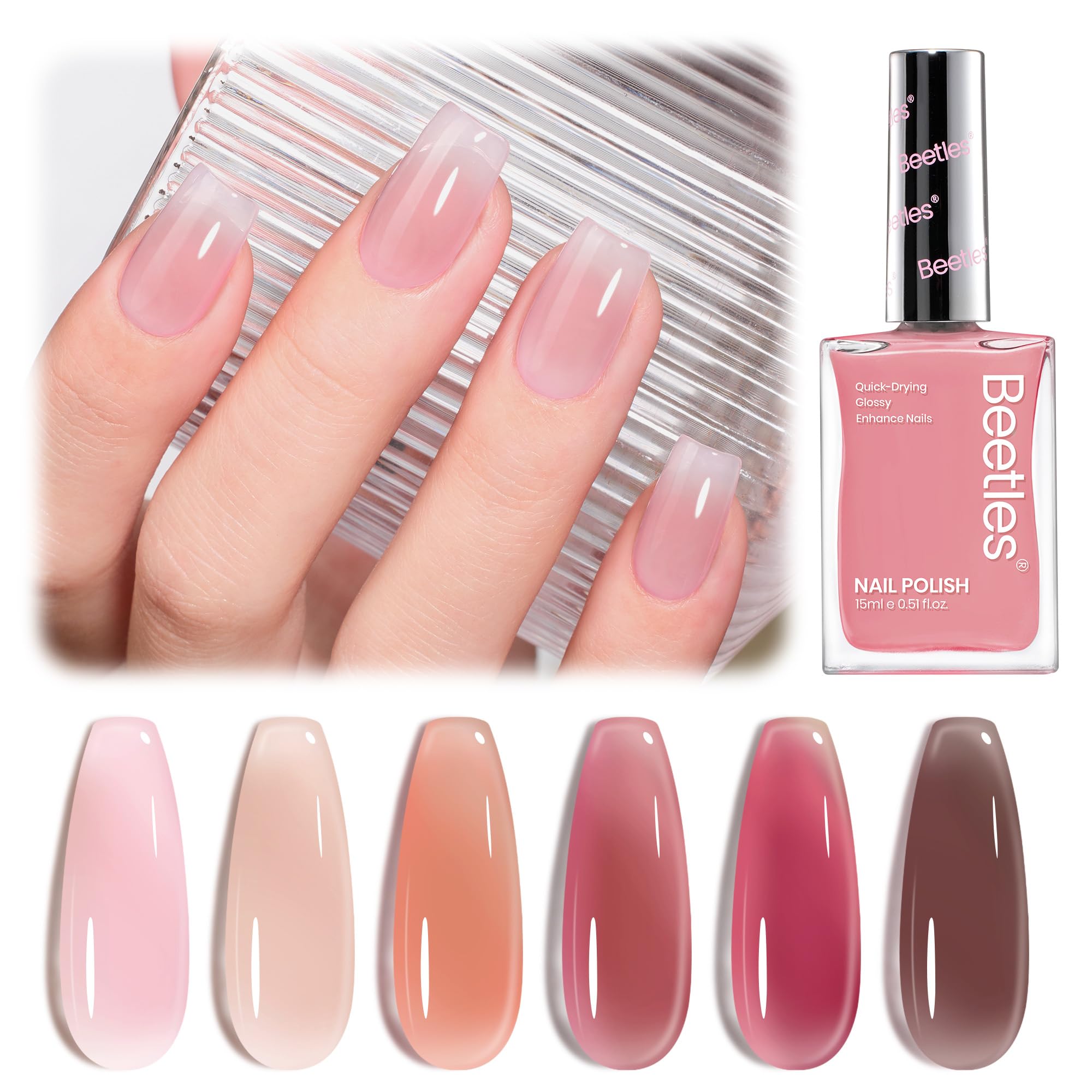 Beetles Jelly Nail Polish Set bottle close-up shows six sheer pink hues for quick-dry nails.